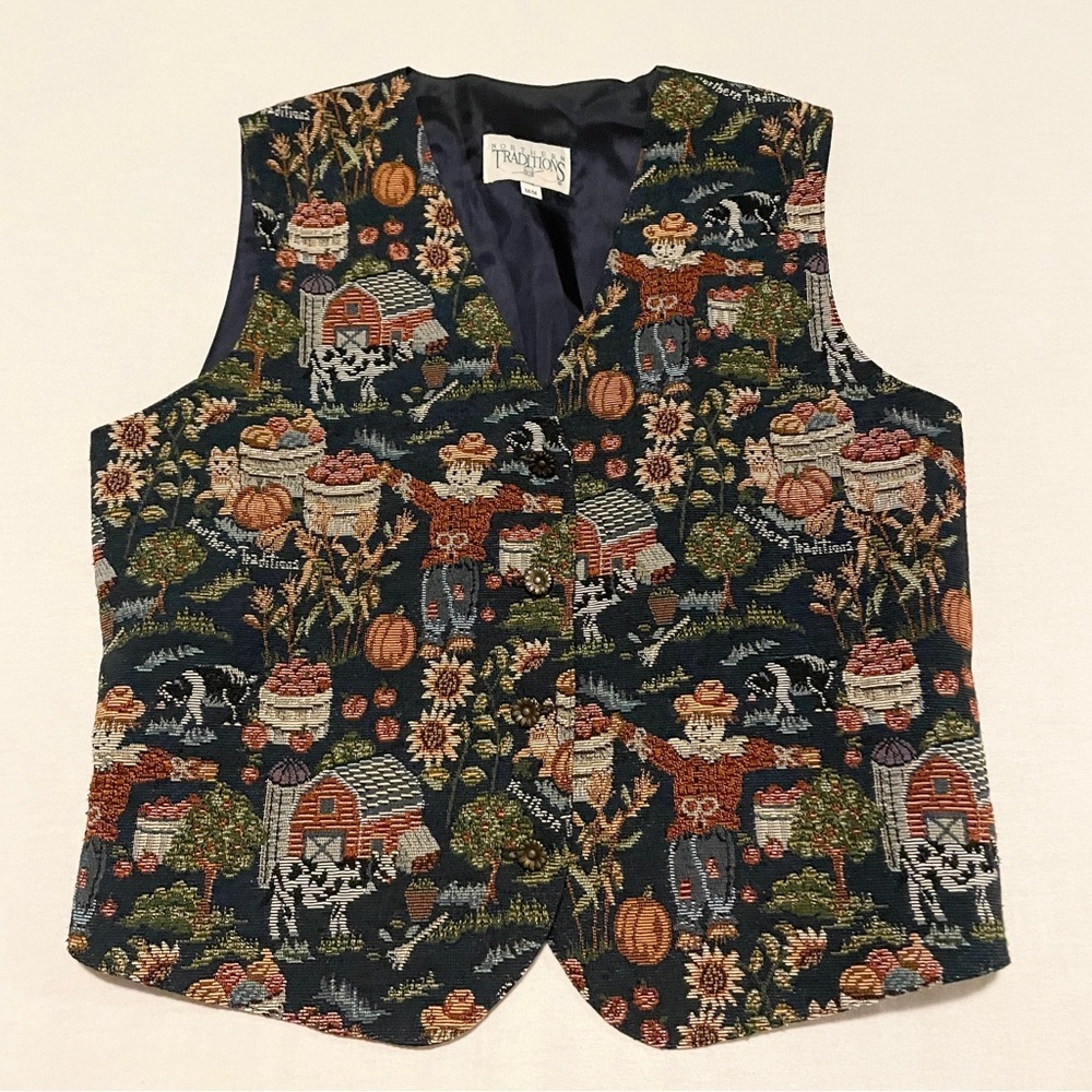 VTG 90s Northern Traditions Fall Tapestry Vest Scarecrow & Pumpkins Medium